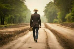 un hombre en un traje y sombrero caminando abajo un suciedad la carretera. generado por ai foto