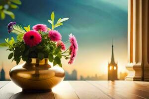 un florero con rosado flores en un de madera mesa. generado por ai foto