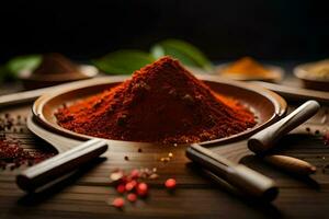 a bowl of red spices on a table. AI-Generated photo