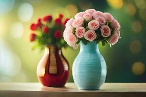 two vases with pink roses sitting on a table. AI-Generated photo