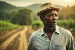 a man in a hat stands in a field. AI-Generated photo