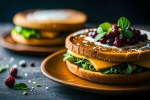 two sandwiches with cheese and cranberries on them. AI-Generated photo