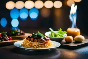 a plate of spaghetti with meat and vegetables on a table. AI-Generated photo
