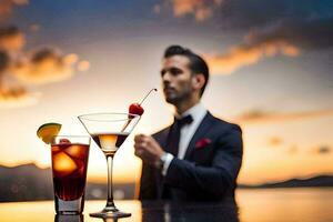 a man in a suit holding a cocktail. AI-Generated photo