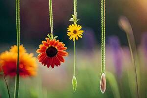 Tres flores colgando desde instrumentos de cuerda en un campo. generado por ai foto