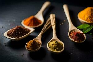 spoons with different types of spices. AI-Generated photo