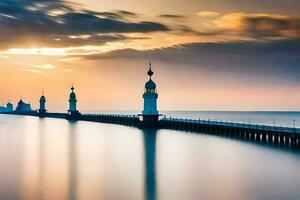 the pier at sunset with a long exposure. AI-Generated photo