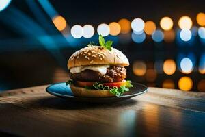 a hamburger on a plate with lights in the background. AI-Generated photo