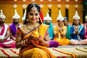 a woman in traditional indian attire holding a candle. AI-Generated photo