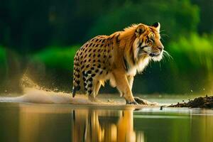 a tiger walking across the water in the forest. AI-Generated photo