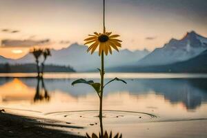 a single sunflower is standing in the water with mountains in the background. AI-Generated photo