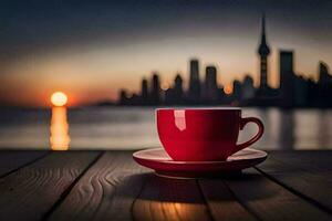 a red cup sits on a table with a view of the city. AI-Generated photo