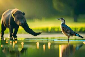 a bird and a bear standing in the water. AI-Generated photo