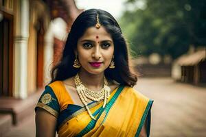 a beautiful woman in a yellow sari. AI-Generated photo