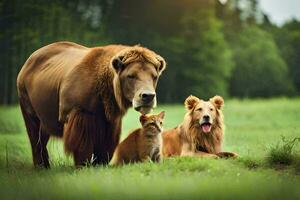 un león, un gato y un perro son en pie en el césped. generado por ai foto