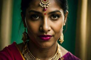 a woman wearing a traditional sari and jewelry. AI-Generated photo