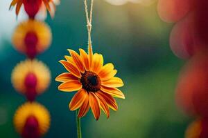 a single orange sunflower hanging from a string. AI-Generated photo