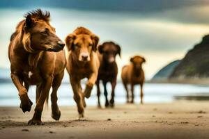 a group of horses running on the beach. AI-Generated photo