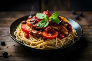 spaghetti with berries and tomatoes in a black bowl. AI-Generated photo