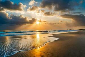 the sun rises over the ocean and the sky is filled with clouds. AI-Generated photo
