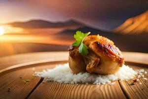 a chicken on rice with a sunset in the background. AI-Generated photo