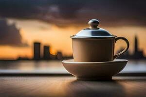 un taza de café en un mesa en frente de un paisaje urbano generado por ai foto