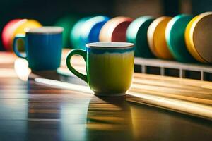 colorful cups on a table with a wooden background. AI-Generated photo