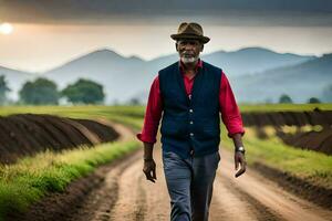 a man in a hat and vest walking down a dirt road. AI-Generated photo