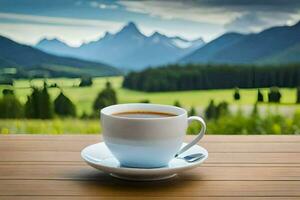 un taza de café en un de madera mesa en el montañas. generado por ai foto