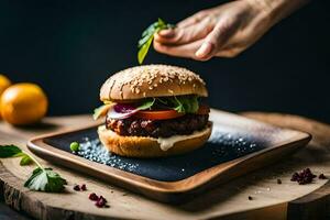 a person is putting a burger on a plate. AI-Generated photo