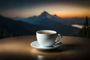 a cup of coffee on a table in front of a mountain view. AI-Generated photo