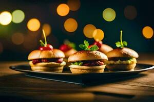 pequeño emparedados en un negro plato con luces en el antecedentes. generado por ai foto