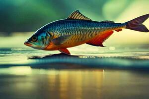 a fish is standing on the water with its tail out. AI-Generated photo