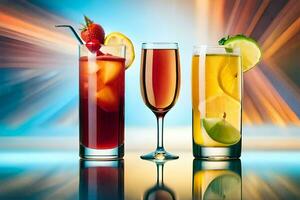 Tres diferente tipos de alcohólico bebidas en un mesa. generado por ai foto