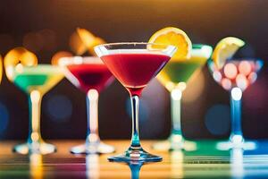 a row of colorful cocktails on a table. AI-Generated photo