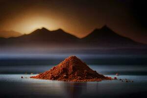 un pila de rojo polvo en el agua con montañas en el antecedentes. generado por ai foto