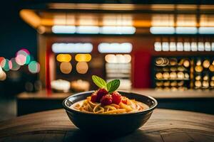 pasta en un cuenco en un mesa en frente de un restaurante. generado por ai foto