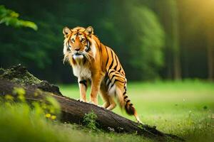 a tiger is standing on a log in the grass. AI-Generated photo