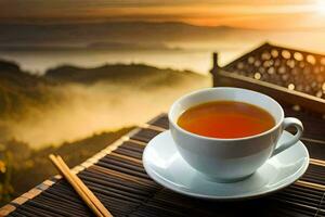 un taza de té en un de madera mesa con palillos. generado por ai foto