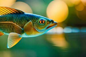 un pescado con brillante naranja ojos es nadando en el agua. generado por ai foto