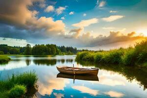 the boat on the lake, sunset, nature, landscape, hd wallpaper. AI-Generated photo