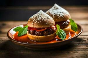 two meat sliders on a plate with sauce. AI-Generated photo