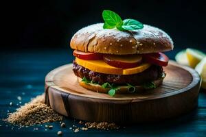 a hamburger with cheese, tomatoes and herbs on a wooden board. AI-Generated photo