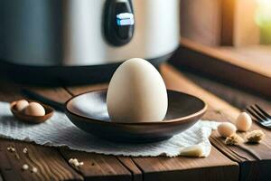 un huevo se sienta en un de madera mesa siguiente a un vasija maceta. generado por ai foto