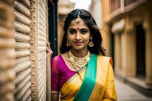 a beautiful indian woman in a yellow and green sari. AI-Generated photo