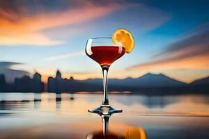 a glass of red wine with a slice of orange on the rim. AI-Generated photo