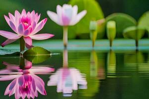 rosado loto flor en agua con verde hojas. generado por ai foto