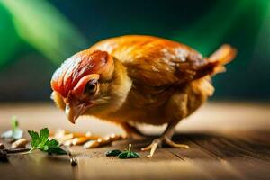 a small chicken is eating some food. AI-Generated photo