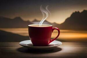 a cup of coffee on a table with mountains in the background. AI-Generated photo