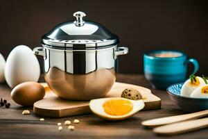 huevos, huevos, y un huevo Horno en un mesa. generado por ai foto